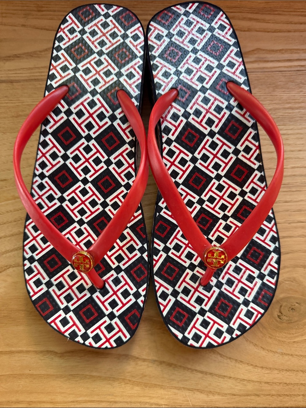 Tory Burch Red Strap Flip Flops with Geometric Footbed